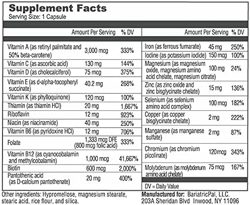 BariatricPal Multivitamin ONE 1 per Day! Bariatric Multivitamin Capsule with 45mg Iron (30 Count)...
