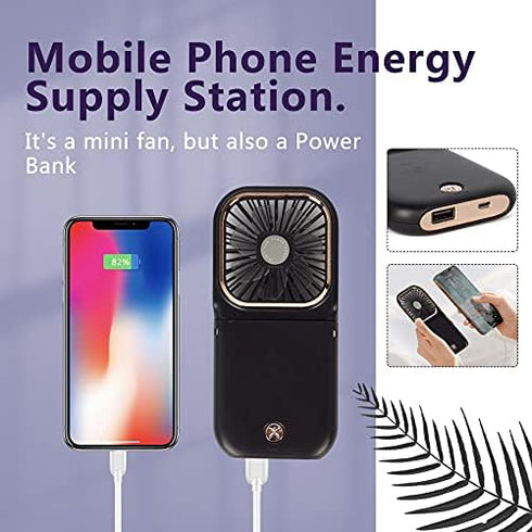 Portable Mini Fan - 5 in 1 with Power Bank, Phone Holder, Handheld & Desk Fan - USB Rechargeable, 3000 mAh Power Bank, 3 Speed Adjustable, Neck La...
