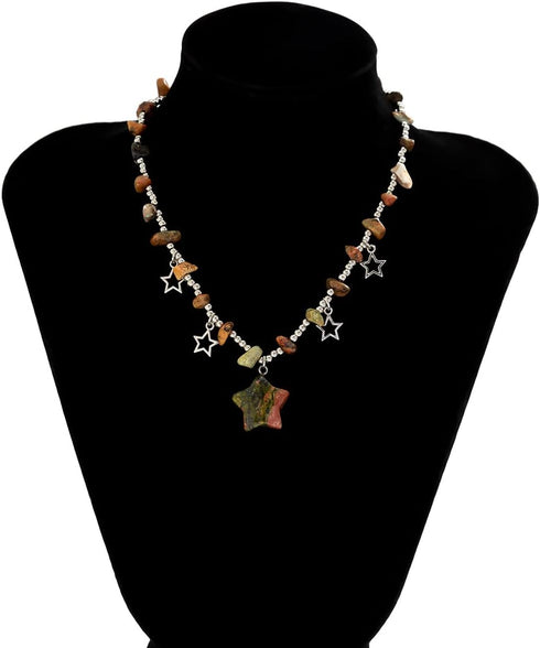 Boho Beaded Stars Choker Necklace Cute Kawaii Colorful Beads for Women,Irregular Raw Stones Necklace Chain Link Necklace Trendy Beachy Fashion Ast...