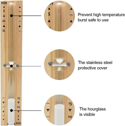 Sauna Hourglass Sand Timer, Beech Wood 15 Minutes Accurate Hour-Glass, Rotating Heat Resistant Wooden Hour Glass (White Sand)...