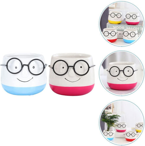 Indoor Planters 2pcs Planter Pot Eyeglasses Design Flower Pot Ceramic Nursery Floweprot Root Control Flower Container for Office Windowsill Outdoo...