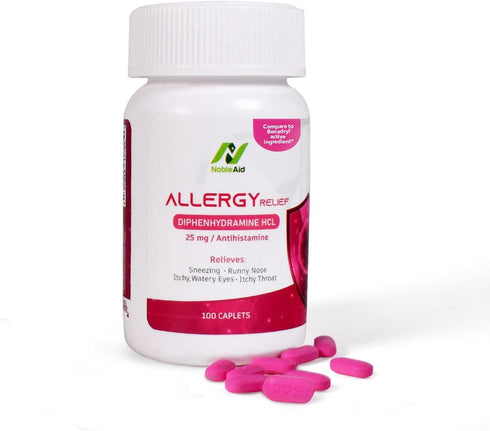 Antihistamine Allergy-Relief Tablets, 25mg Diphenhydramine HCl by Noble Aid- Allergy-Relief Medicine for Kids & Adults-Allergy Nasal Decongestant ...