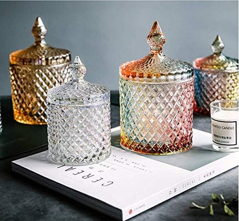 1PCS 300ml/10oz Empty Cylindrical Diamond Crystal Glass Candy Dish Bowl Jars Pots Cans Sample Packing Dispenser Container Storage with Caps for Sn...