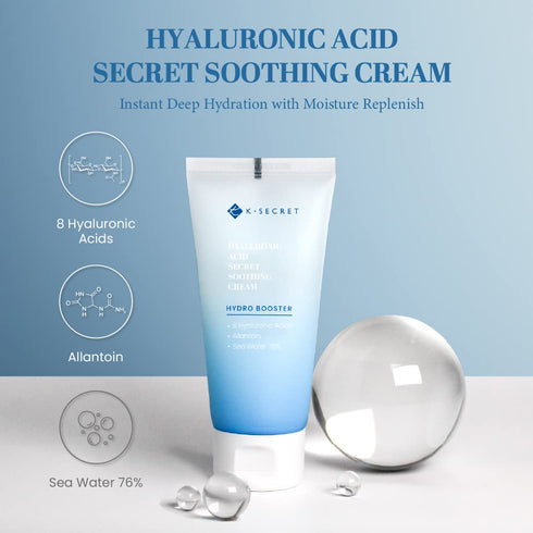 KSECRET Hyaluronic Acid Soothing Cream, 2.7fl.oz. / 80ml | Korean Skincare | Sea Water (76%) Based Soothing Moisrurizer for ALL skin types with 8 ...