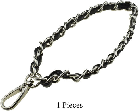 HAHIYO 7.9 inches Length 12mm Width Chain Strap Wristlet Black Leather Intertwined with Silver Chain Prevent Snag Easy Match Purse Accessories Rep...