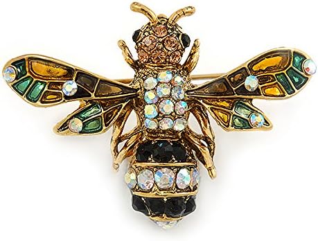 Vintage Inspired Crystal Enamel Bee Brooch in Gold Tone - 45mm Across...