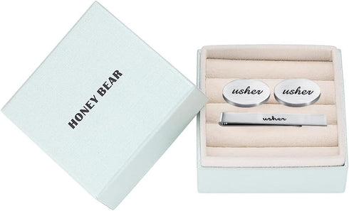 HONEY BEAR Wedding Cufflinks Tie Clip Set for Men's Shirt Marriage Gift with Box,Brushed Silver...