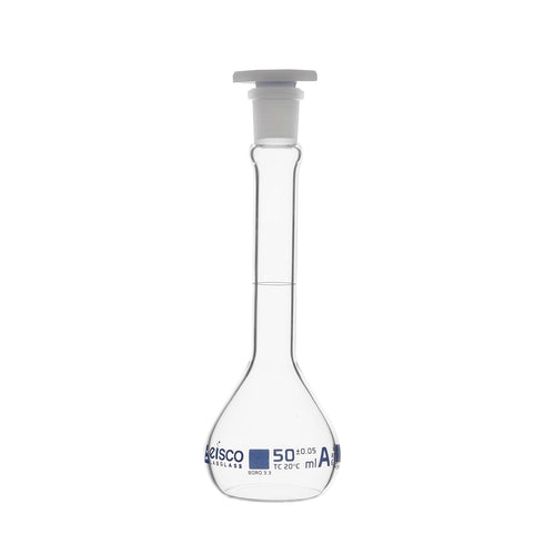 EISCO Volumetric Flask, 50ml - ASTM, Class A - Tolerance ±0.05ml - Interchangeable, Size 13 Polypropylene Stopper - Single, White Graduation - Bor...