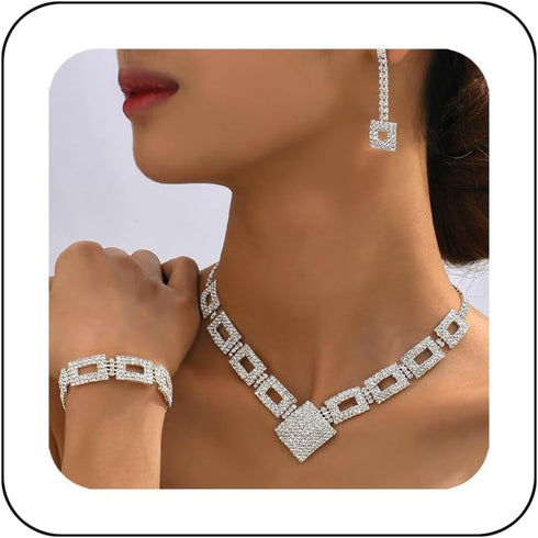 Unicra Crystal Bridal Wedding Jewelry Set Silver Rhinestone Necklace Earrings Bracelet Sets Formal Costume Jewelry for Women and Brides...