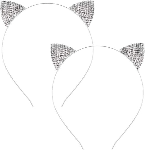 2 Pcs Cat Ears Headband Halloween Rhinestone Kitty Hair Hoops Crystal Cat Kitten Ears Headpiece Hairband Hair Bands Women Christmas Party Decorati...