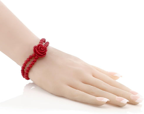 Gem Stone King 7 Inch Red Simulated Coral Bead Rose Flower Stretch Bracelet for Women 5mm...