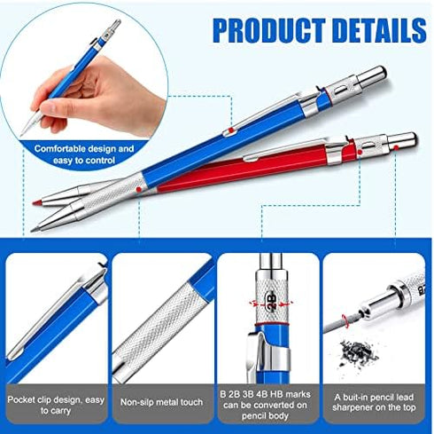 2 Pcs Welders Pencil with 48 PCS Round Refills Mechanical Pencils Metal Welding Marker for Tube Pipe Fitter Welder Steel Construction Woodworking ...