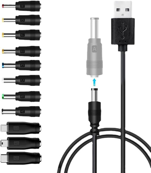 5V USB to DC Power Cable,Universal 5V DC 1.5M Charging Cable Power Cord with 11 Interchangeable Plugs Connectors Adapter for Webcam Router, Power ...