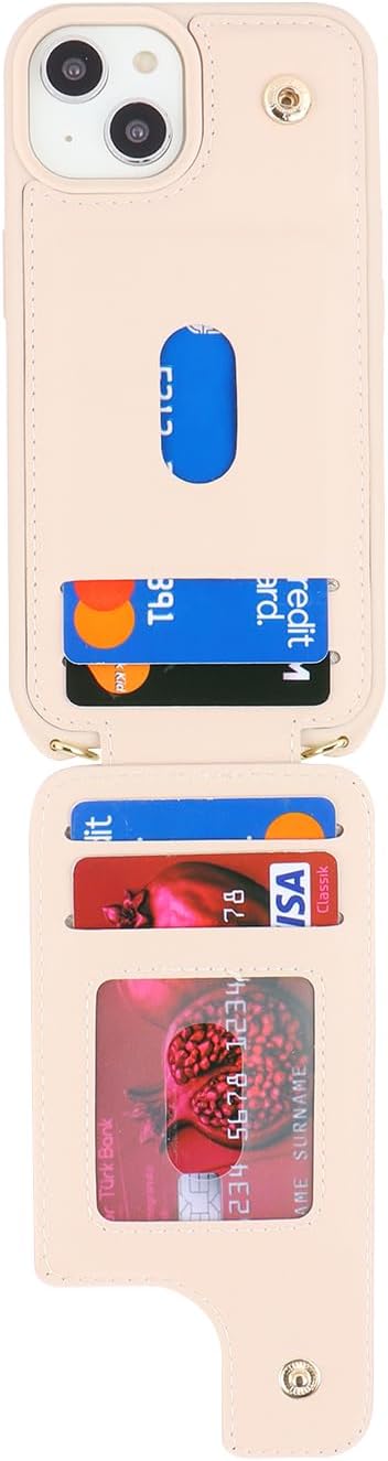 for iPhone 14 Case with Card Holder for Women,iPhone 14 Phone Case with Strap,Crossbody Lanyard,Ring Stand,Snap Clasp,Cute Wallet Cases 6.1 inch (...