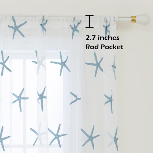 Embroidered Teal Starfish Sheer Curtains for Living Room 84 inches Long Rod Pocket Retro Voile Window Curtains Drapes for Bedroom 52 x 84 Inch 1 P...