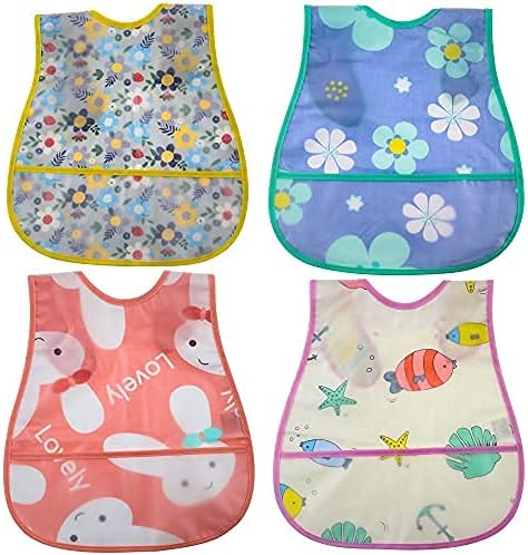 Waterproof Baby Bib Infant with Snaps Fits Baby & Toddler 6-24 Months - 4pcs (Floral Bunny Fish)...