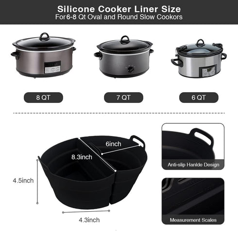 ChefAid Slow Cooker Divider Liners with Handle, 100% Silicone Reusable Slow Cooker Liners Compatible with 6-8 Quart Oval or Round Slow Cooker, Fit...