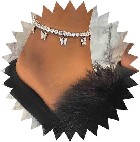 Boho Crystal Butterfly Anklet Bracelet Butterfly Tassel Anklet Chain Silver Cz Butterfly Ankle bracelet Rhinestone Tennis Chain Ankle Foot Chain J...