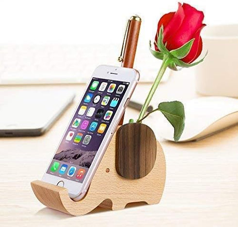 AhfuLife Elephant Pen Pencil Holder with Phone Stand, Wooden Elephant Shaped Desk Organizer Decor, Elephant Gifts for Women Cute Desk Accessories ...
