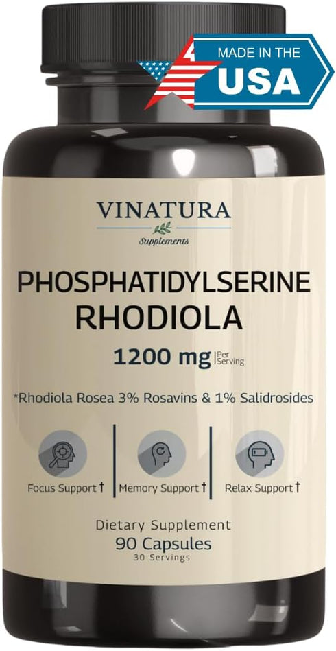 PhosphatidylSerine Rhodiola Rosea 1200mg per Serving, 3% Rosavins & 1% Salidrosides - Calm, Brain Booster, Brain Supplements for Memory and Focus ...