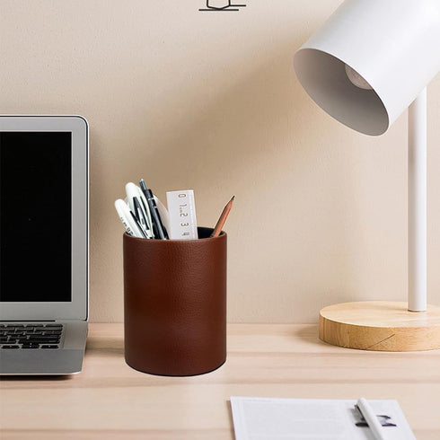 Pen Pencil Holder Cup Container PU Leather Desk Organizer Stand Decor Brush Scissor Holder Decoration Office Desk Home School (3.3" x 3.3" x 4", B...