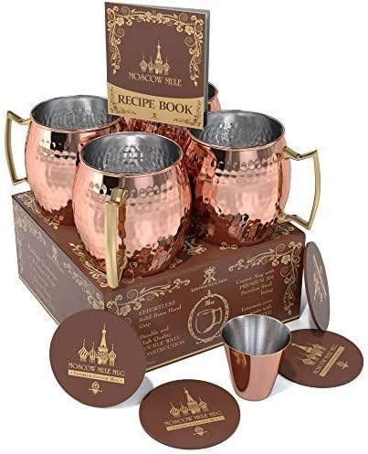 Hammered Moscow Mule Copper Mug Set of 4| Stainless Steel Lining | 16 oz...