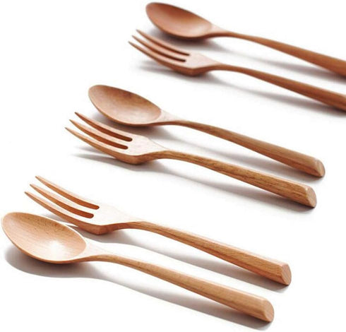 Kyien 6Pcs Wood Soup Spoons And Forks Sets Natural Wood Eating Utensils Wooden Flatware Set?Eco Friendly Wood Cutlery Wooden Dinner Fork And Spoon...