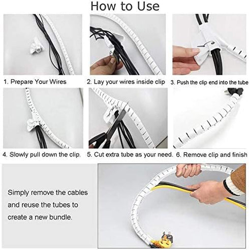 White PC Cable Management Sleeve Value Pack, Large 1.1" Pet Cord Protector and 0.87" Cord Organizer Bundler with Cable Tie Clips for Computer TV H...