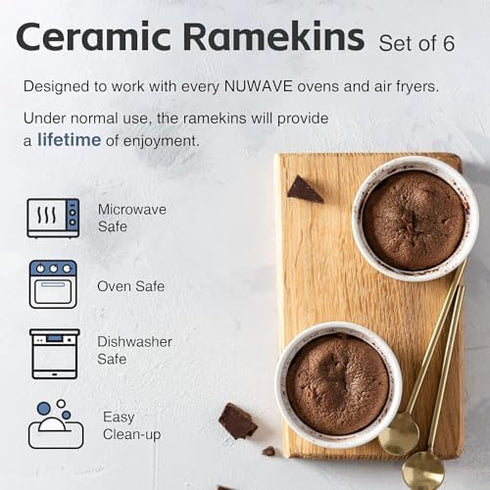 Nuwave Ceramic Ramekins 8 oz, Set of 6, Elegant Classic Style for Baking Souffles, Creme Brulées, Custards, Puddings, 4.3” Wide & 2” Tall, Microwa...
