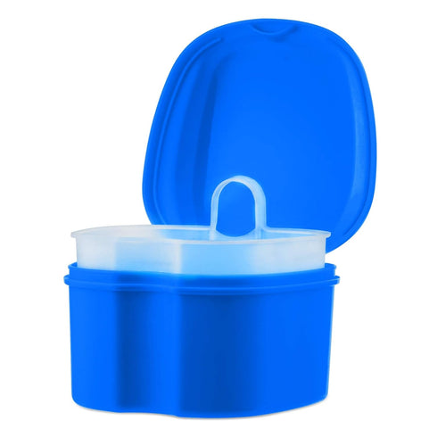 Denture Cup Dental Retainer Case Cleaning with Strainer Basket, Orthodontic Bath Box Mouthguard Storage Soaking Holder - Dark Blue...