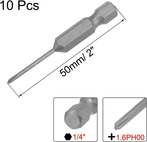 uxcell 10 Pcs 1.6mm PH00 Magnetic Phillips Screwdriver Bits, 1/4 Inch Hex Shank 2-inch Length S2 Power Tool...