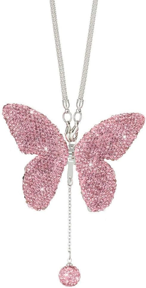 2 Packs Bling Bling Car Rear View Mirror with Rhinestone Crystal Butterfly Rear View Mirror Decor Accessories for Women,Car Interior Trim.Pink...