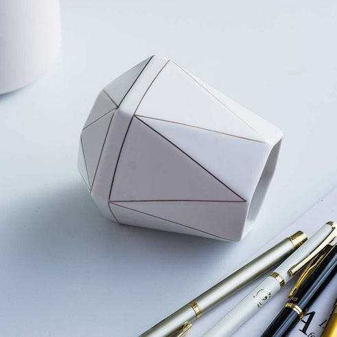 Ceramic Desk Cute Pen Holder Stand Gold Line Pencil Cup Pot Desk Organizer Makeup Brush Holder (White)...