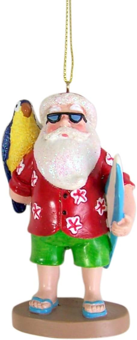Santa with Parrot and Surfboard Ornament 3 3/4 Inch...