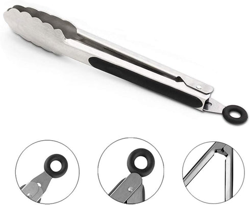 ALLTOP Metal Cooking Tongs,Stainless Steel Food Tong with No-slip Silicon and Locking Ring for Kitchen - 9 &12 inch,Set of 2-Black...