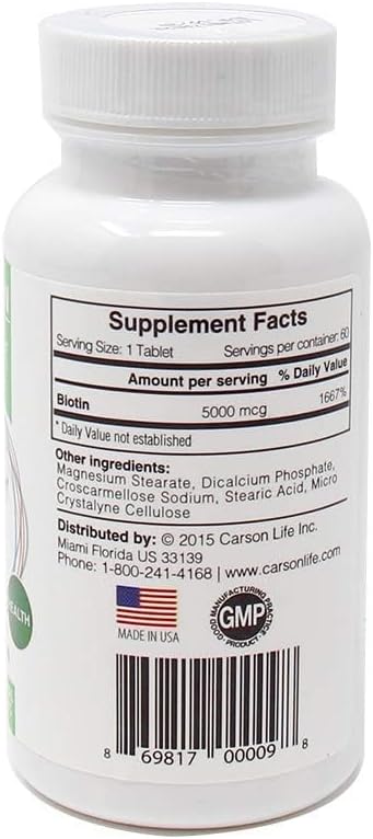 Carson Life Biotin Supplement - 60 Tablets - for Men and Women - Vitamin Supplement That Promotes Hair Growth - Advanced Formula Helps Boost Energ...