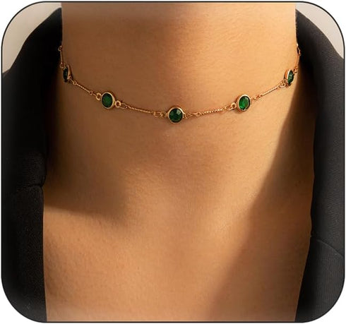 Bohemian Green Crystal Choker Necklace Tiny Emerald Station Chain Necklace Dainty Satellite Necklace Gorgeous Wedding Jewelry Gift for Women Teens...