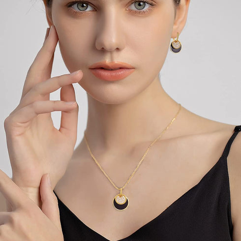 CLASSYZINT Gold And Black Jewelry Sets For Women CZ Stone Black Epoxy Round Disc Pendant Necklace And Hoop Earrings Gold Jewelry Set...