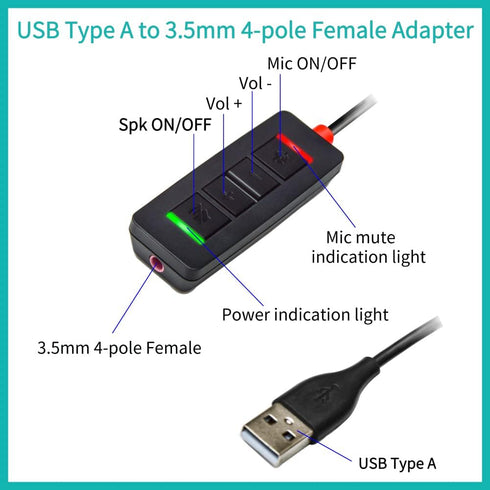 3.5 mm to USB Adapter Headset Headphone Cable 3.28 ft, Mic-Supported Mic Mute & Speaker Volume Up Down in-line for PC Laptop Desktop Computer...