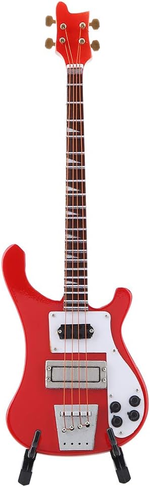 Red Miniature Bass Guitar Wood Replica Model Ornament with Adjustable Stand Mini Art Projects Christmas Gift...