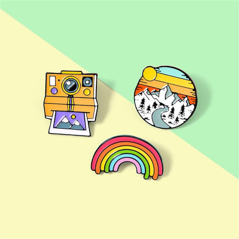 3Pcs Rainbow Brooches Landscape Camera Enamel Lapel Pins Outdoors Camping Travel Camp Lapel Pins Cartoon Brooches Badges Fashion Gifts for DIY Bac...