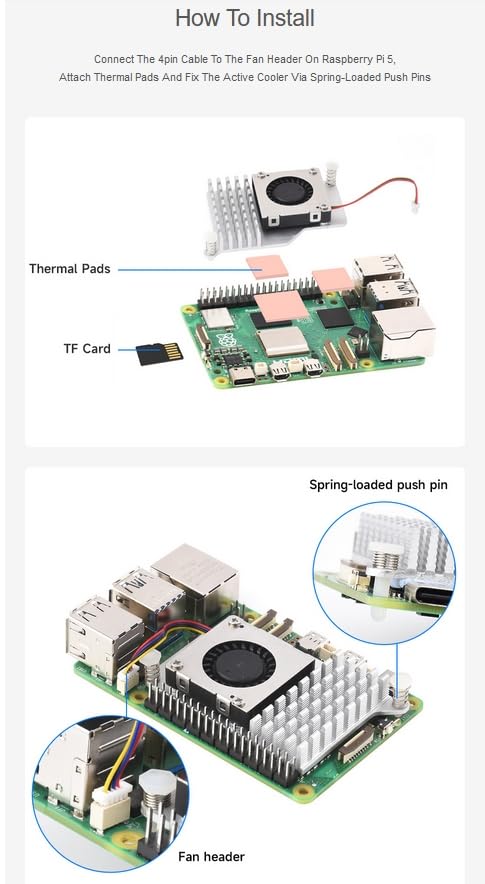 Active Cooler for Raspberry Pi 5, Combines a Temperature-Controlled Blower Cooling Fan and an Alumium Heatsink and Thermal Pad to Accelerate Heat ...