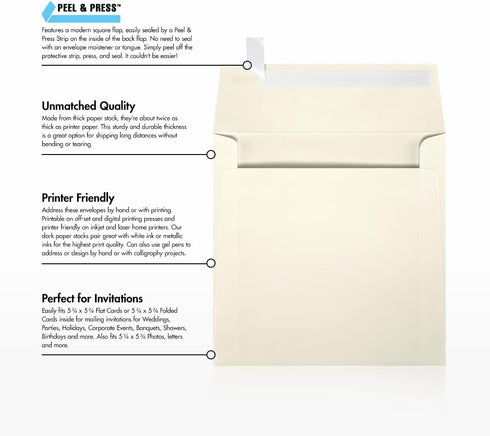 LUXPaper Square Invitation Envelopes | Peel & Press | 6" x 6" | Natural Linen | 80lb. Text | 50 Qty...