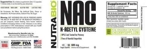 NutraBio N-Acetyl Cysteine Supplement (NAC) - 90 Capsules, 600mg Each - Powerful Anti-Oxidant - Immune Support - Boost Glutathione...