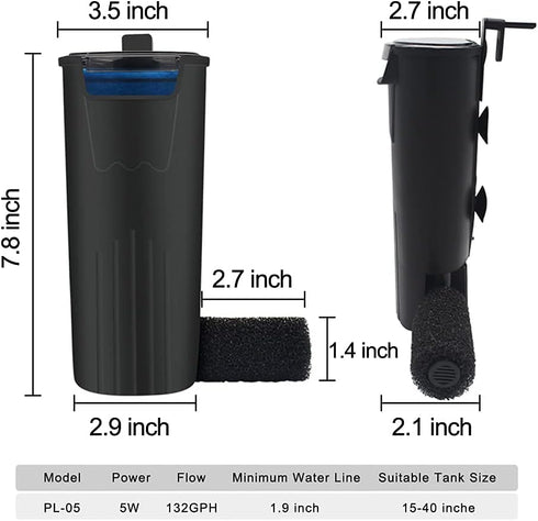 PULACO Aquarium Internal Filter 3 to 20 Gallons, for Turtle Tanks, Reptiles, Amphibians, Frog, Cichlids, Newt or Fish Tank...