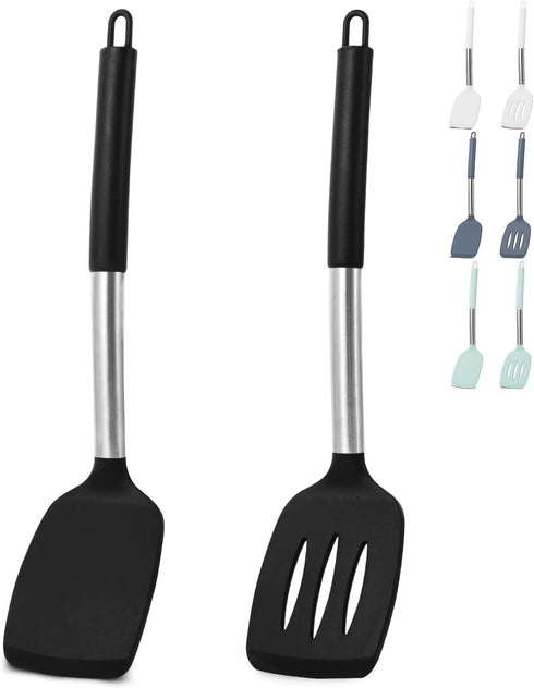 Pack of 2 Silicone Spatula Set - Non Stick Silicone Slotted Turner and Solid Turner - 600°F Heat Resistant Cooking Utensils (Black)...