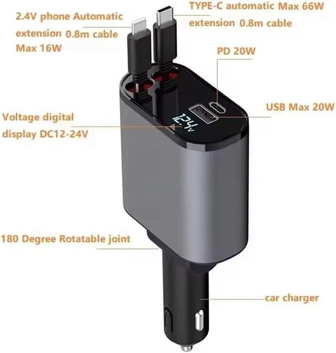 Retractable Car Charger, 4 in 1 Fast Charge Car Phone Charger Adapter 100W, Retractable Cables(2.6ft) for iPhone & Type-C, Cigarette Lighter Adapt...