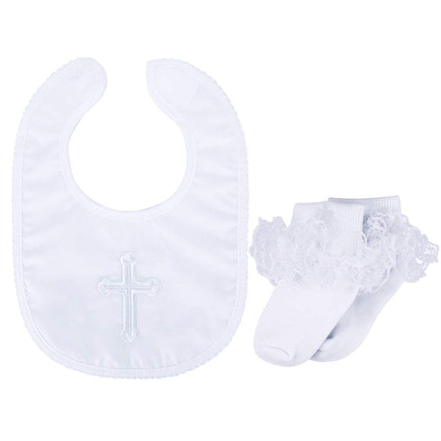 Infant Baby Girls' Christening Baptism Embroidered Cross Bib and Socks for Outfits...