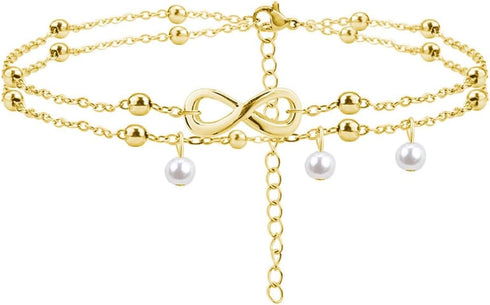 Jude Jewelers Stainless Steel Infinity Charm Faux Pearl Double Strand Anklets...