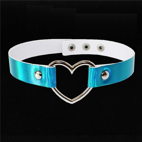 3PCS Heart Choker Necklace PU Leather Goth Choker Collar with Heart Punk Fluorescence Collar Adjustable Size – Blue White Pink...